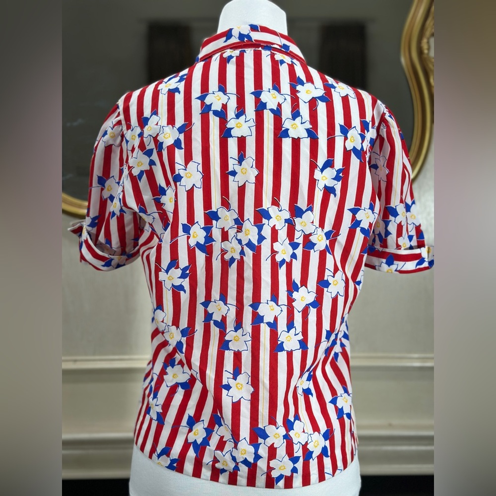Vintage Silkhana Red White Striped Floral Button-Up Shirt | 80s 90s Blouse M - Picture 6 of 10